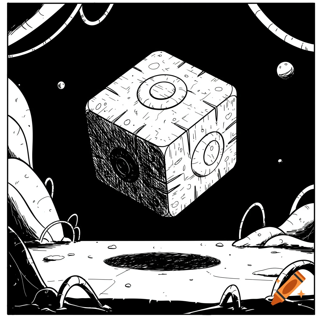 Black and white comic art of a round cube floating above a crater in a dark, alien landscape.