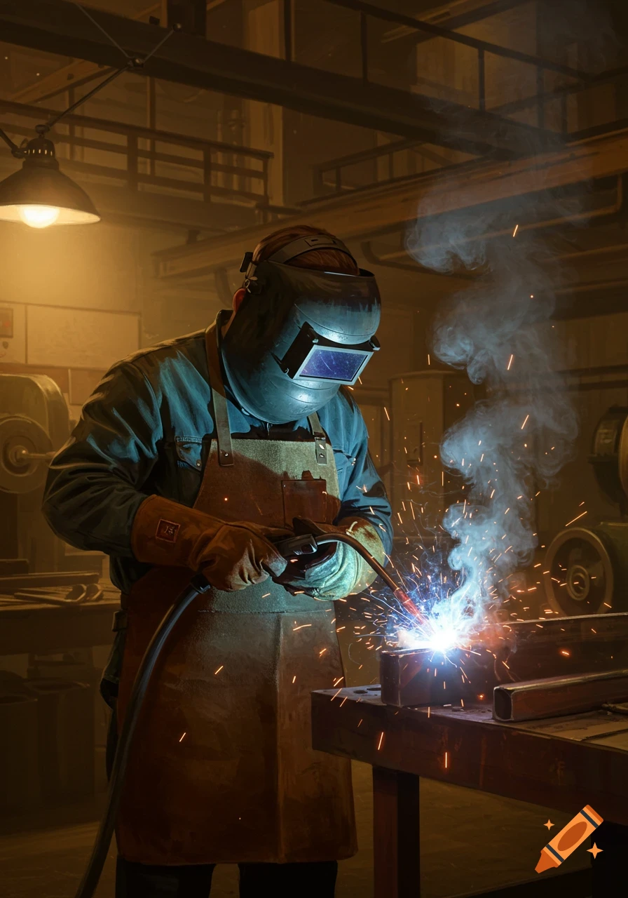 A welder in a helmet and apron works on metal, generating bright sparks and smoke in a dimly lit workshop.