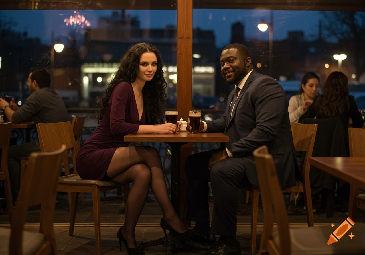 A diverse couple on a happy date at a restaurant, sitting at a table with drinks and smiling at the camera.