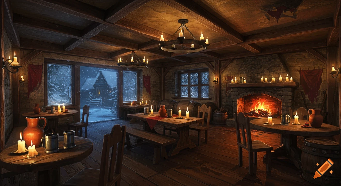 Cozy medieval tavern interior illuminated by candles and a fireplace, with a snowy night and a distant house visible through windows.