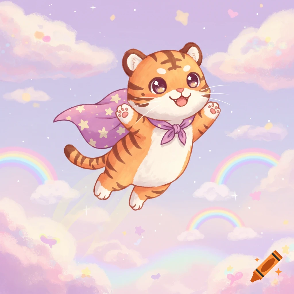 A cute kawaii tiger with a purple, star-patterned cape flies joyfully through a pastel sky filled with clouds and rainbows.