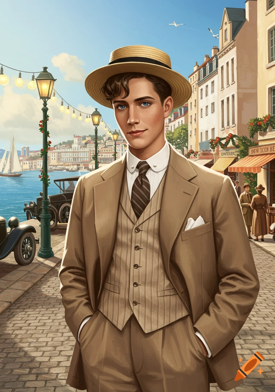 A young man in a 1920s brown suit and straw hat stands on a cobbled street in a sunny coastal town.
