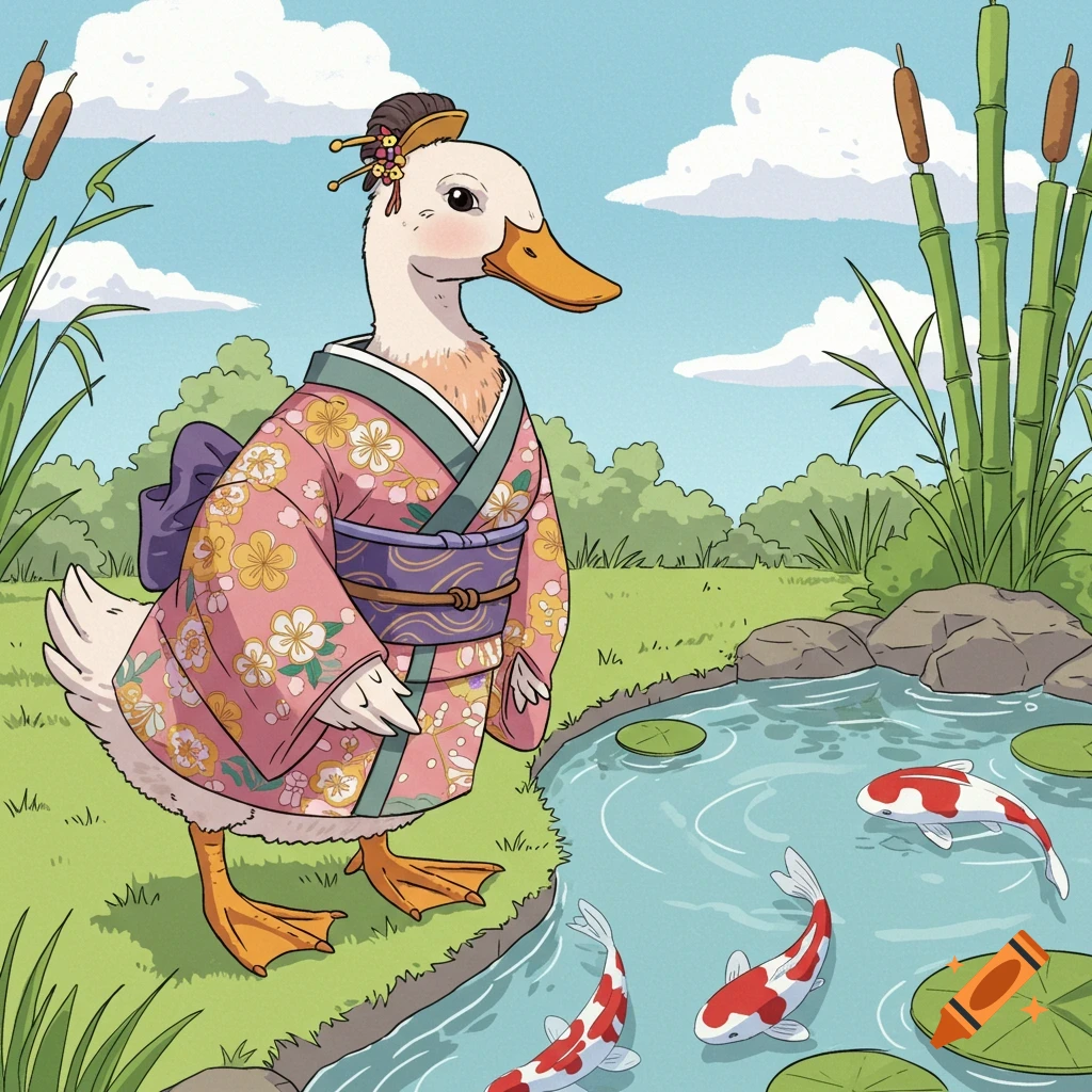 A comic illustration of a duck in a pink floral kimono, standing by a pond with koi fish, lily pads, and bamboo.