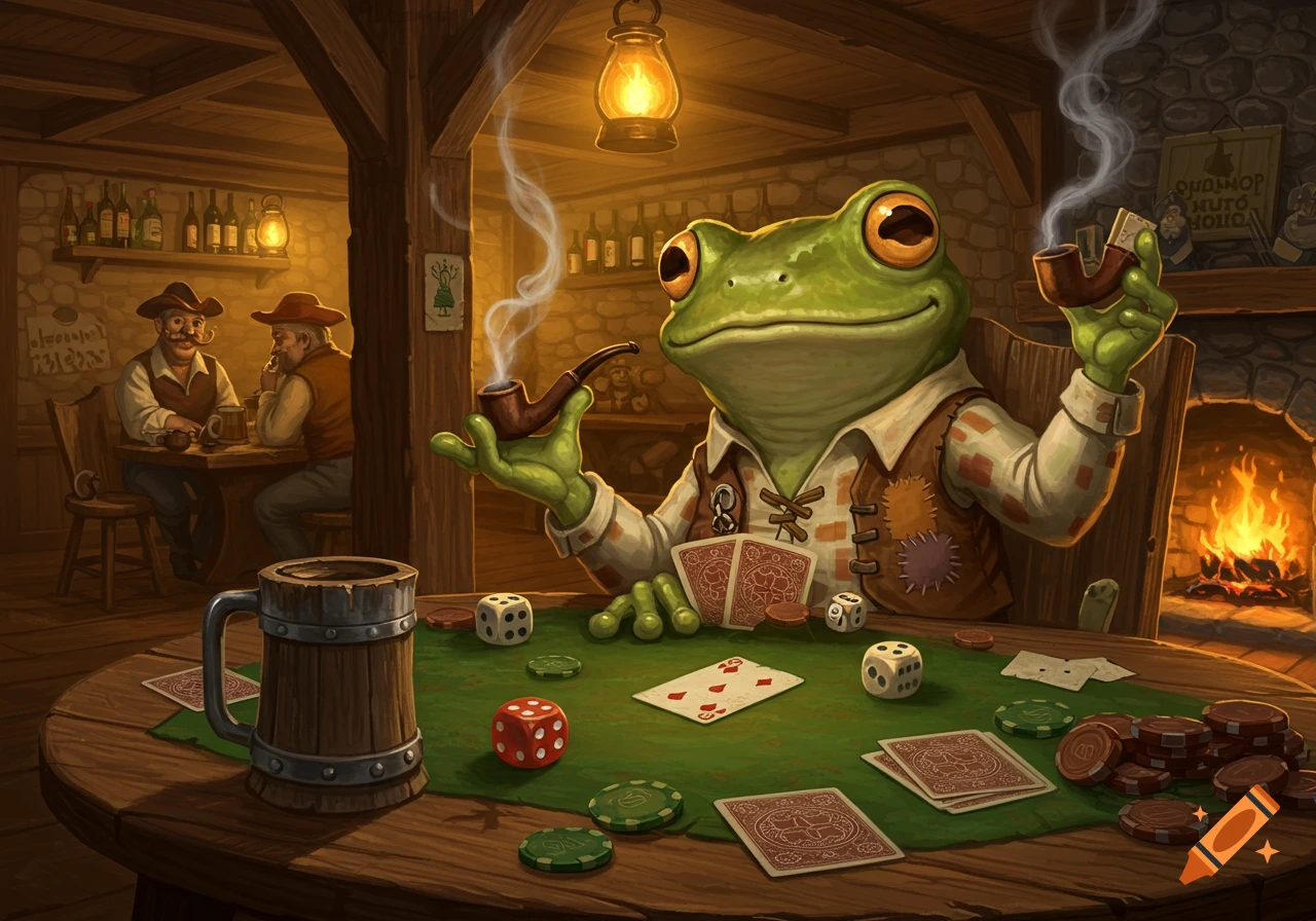 A cartoon frog in a pub plays poker with cards and dice, smoking two pipes, while men drink in the background. Fantasy illustration.