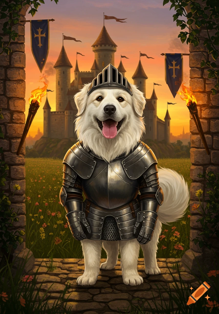 A cute Great Pyrenees dog in knight's armor and helmet stands before a medieval castle at sunset.