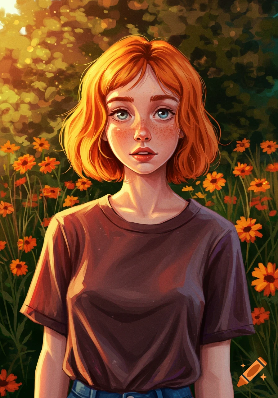 Digital illustration of a red-haired girl with short hair and freckles in a sunlit field of orange flowers.