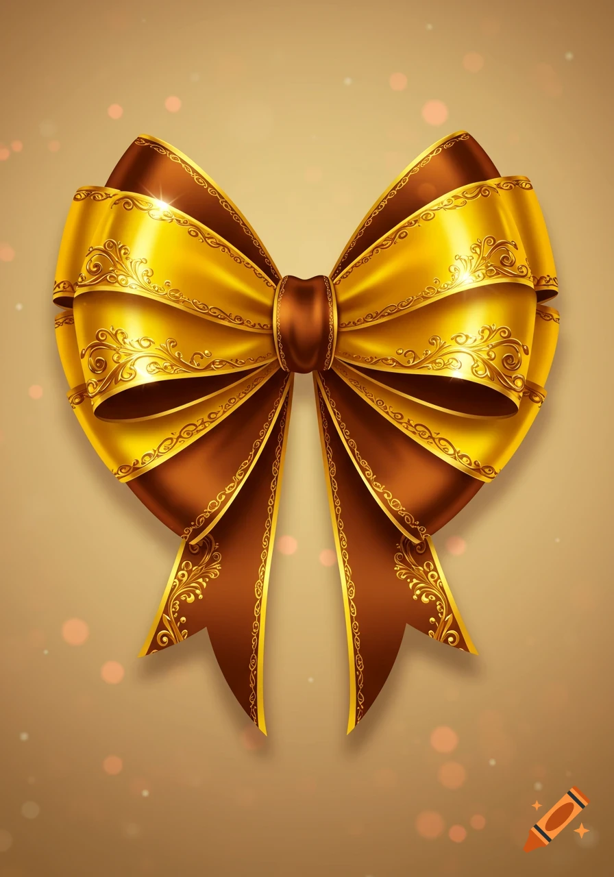 A detailed golden and brown bow with intricate golden ornaments, set against a warm, subtly lit bokeh background.