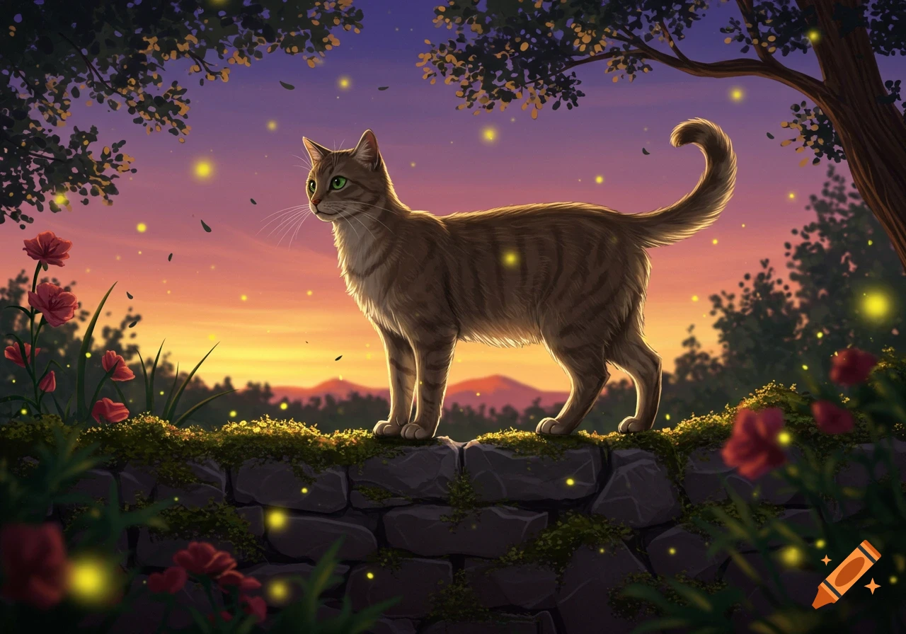 A tabby cat stands on a mossy stone wall, surrounded by red flowers and glowing fireflies at sunset.
