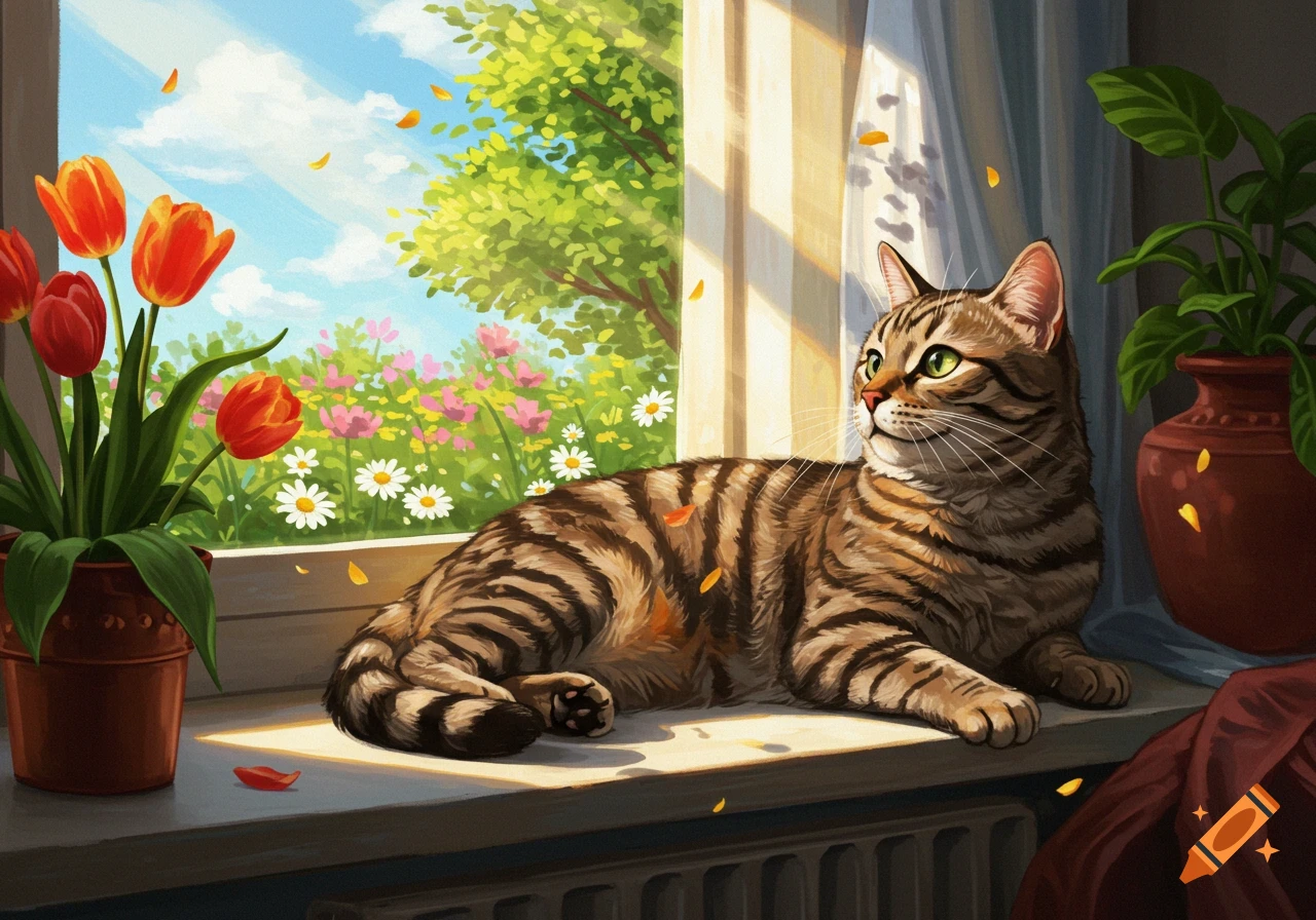 A brown tabby cat lies on a sunlit windowsill next to a pot of red tulips, looking out at a vibrant garden in painterly style.