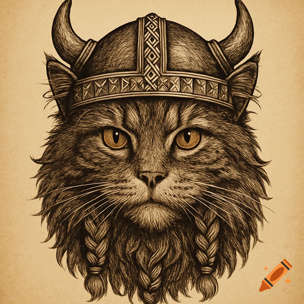 A detailed sepia-toned sketch of a fluffy cat wearing a horned Viking helmet, with braided whiskers.