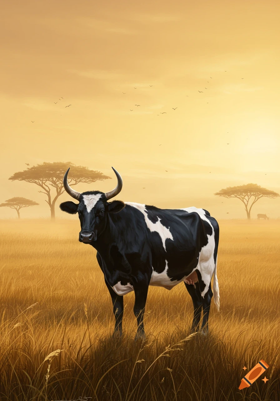 A black and white cow with horns stands in a golden, misty savanna landscape with acacia trees, digital painting.