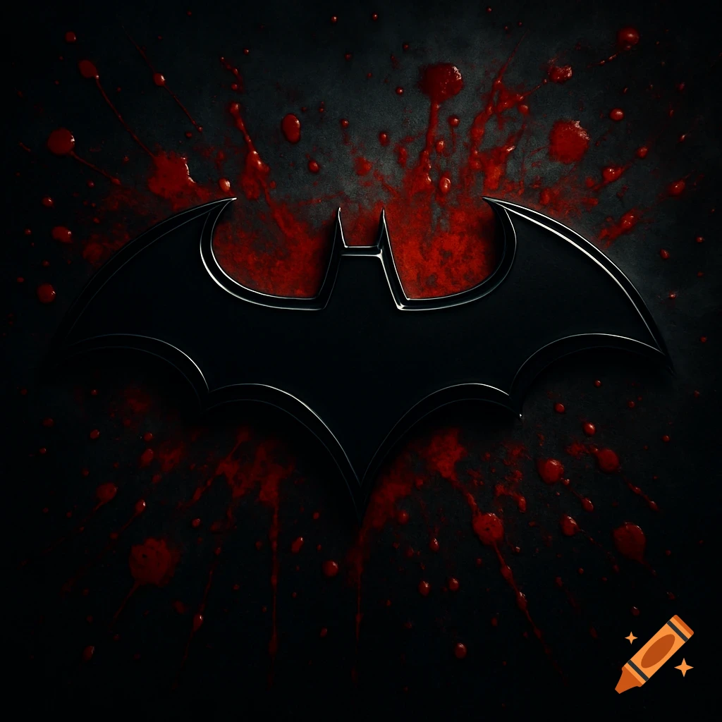 A black Batman logo against a dark, textured background splattered with red blood.