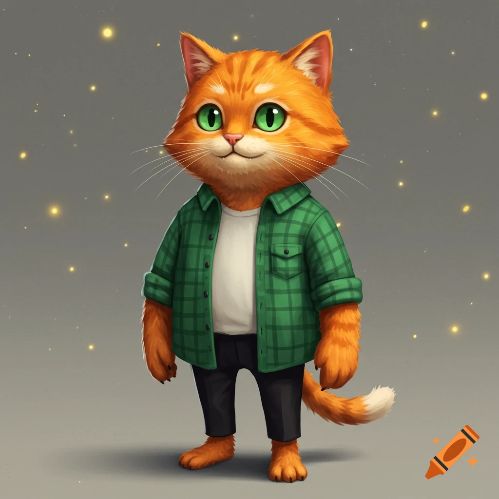 A cartoon orange cat with bright green eyes, wearing a green plaid flannel shirt, white t-shirt, and black pants, standing on a grey background with bokeh lights.