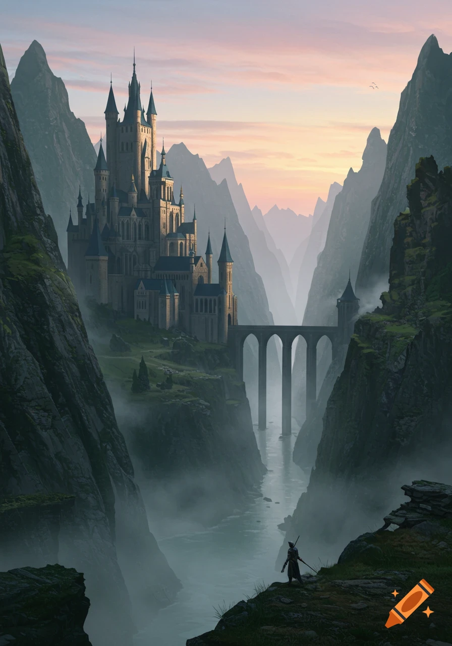 A grand castle overlooks a misty river valley between towering mountains at sunset, with a lone figure in the foreground.