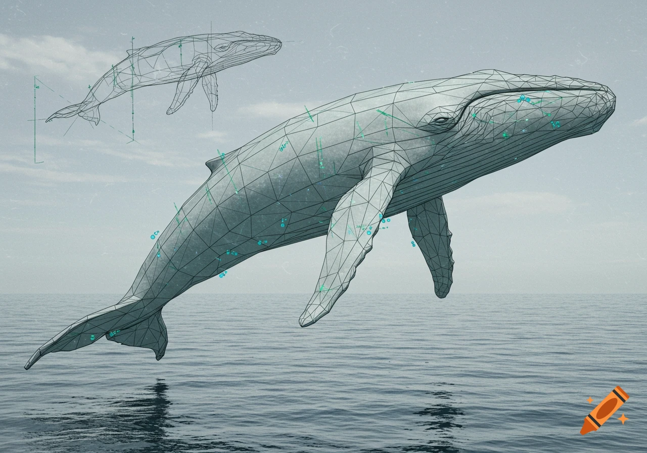 A wireframe rendering of a whale emerges from the ocean, with a smaller wireframe whale floating above.