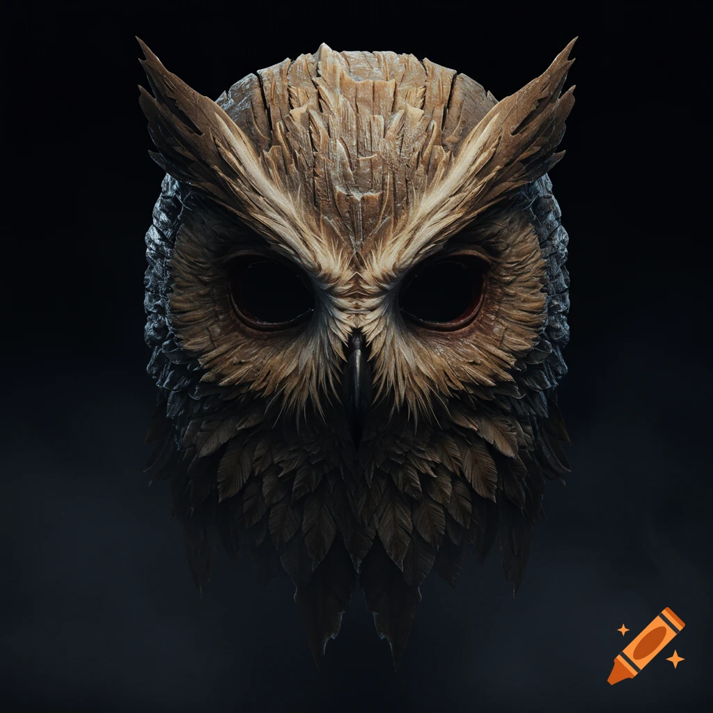 Close-up of a hyper-realistic, chilling owl mask with carved wood and feather textures, dark piercing eyes, against a black background.
