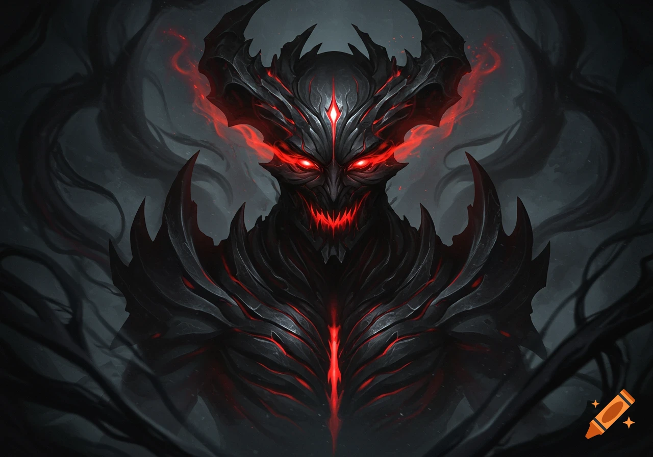 A menacing dark demon with glowing red eyes and mouth, wearing spiky black armor, against a shadowy background.