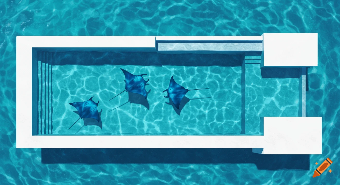Overhead view of a rectangular swimming pool with a tanning ledge, steps, and three blue manta rays on the white floor.