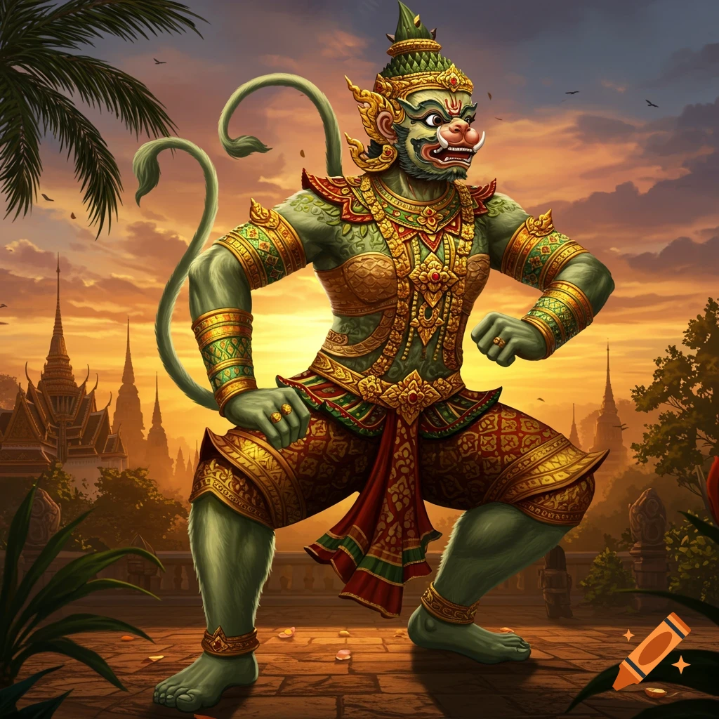 A green-skinned, muscular Hanuman in intricate gold and red Thai attire performs a dance pose against a sunset temple background.