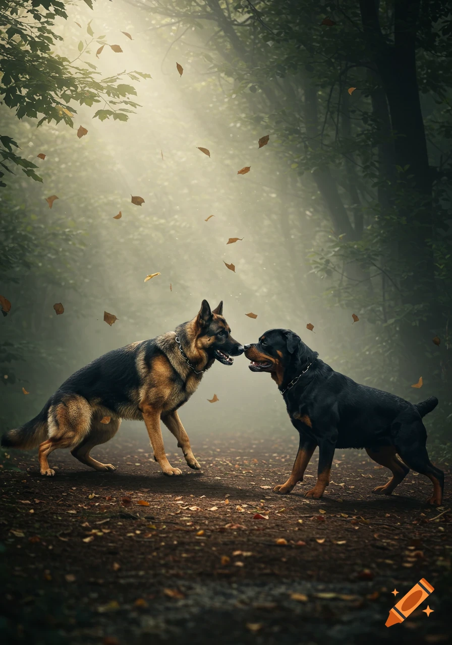 A photorealistic image of a German Shepherd and a Rottweiler nose-to-nose on a forest path with mist and falling leaves.