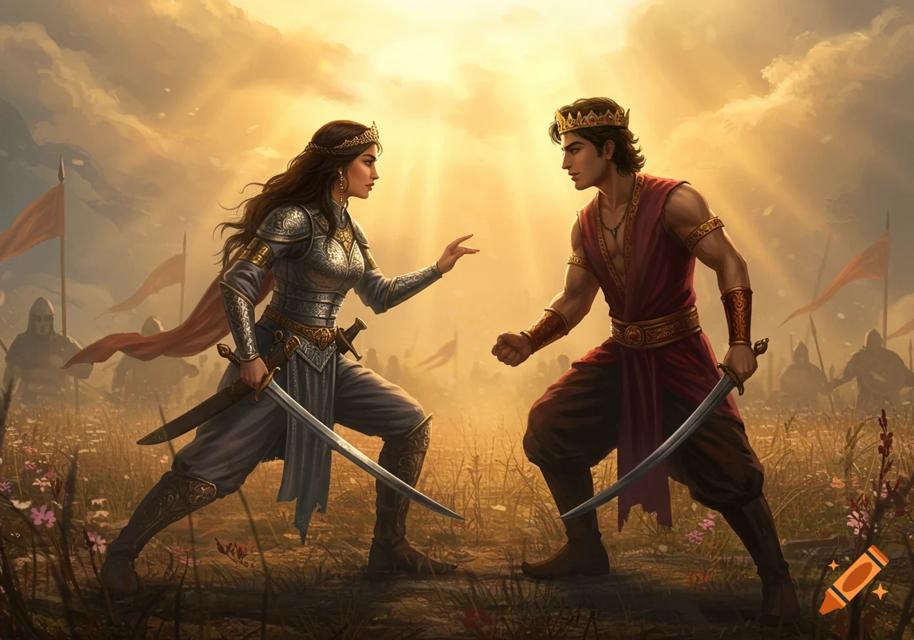 A crowned female warrior in armor and a male warrior with swords face off on a sunlit battlefield with an army in the background.