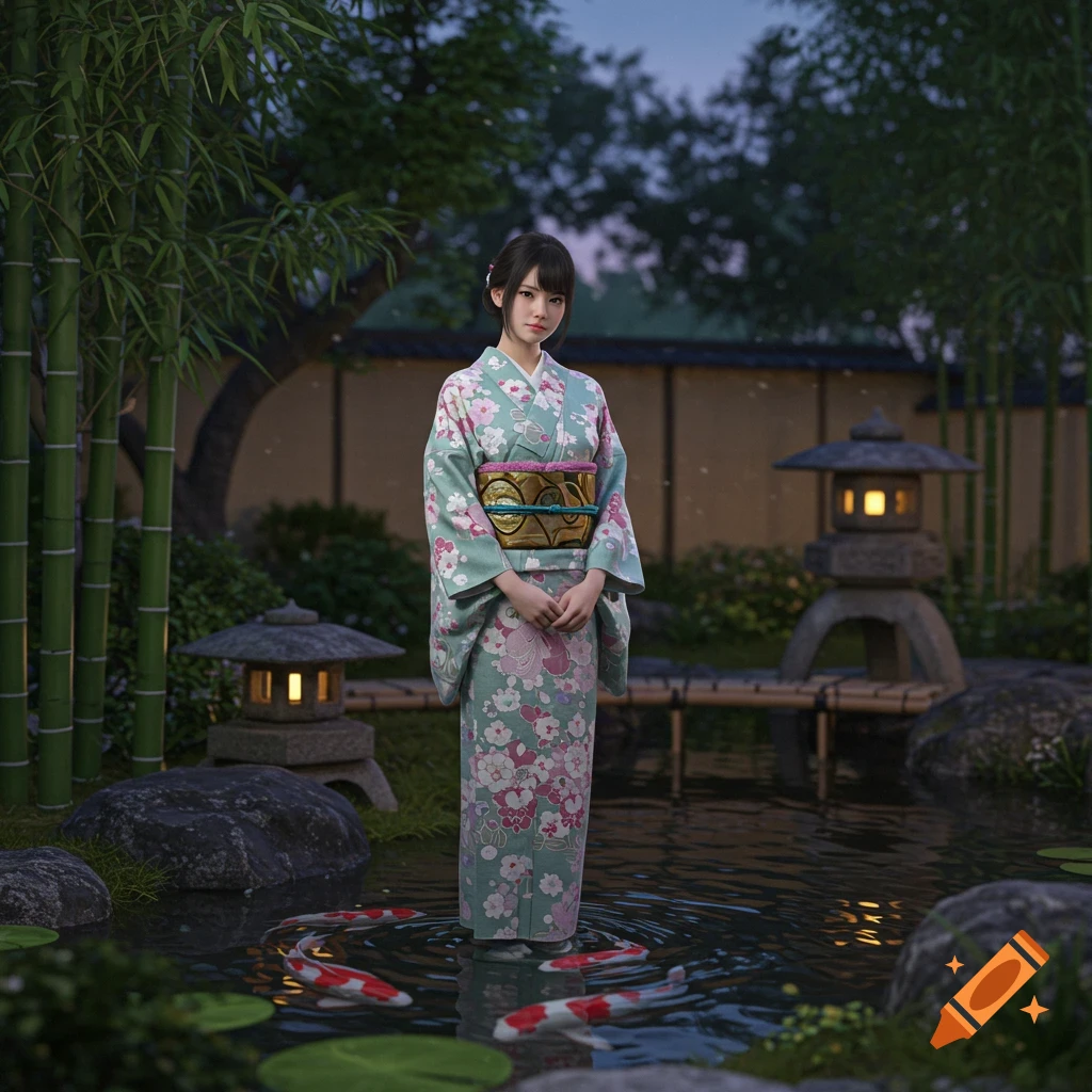 A young woman in a teal kimono with pink floral patterns stands in a pond with koi fish in a Japanese garden.