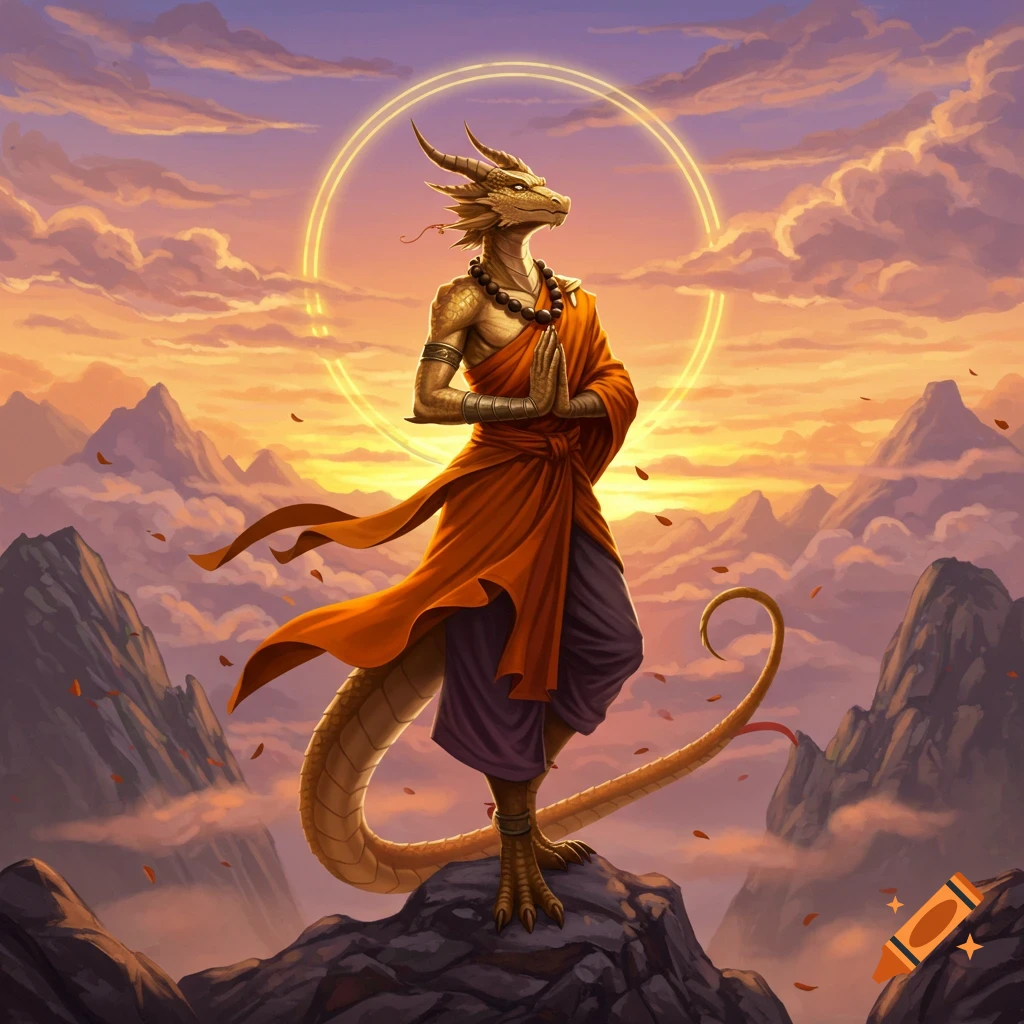 A gold-skinned dragonborn monk with prayer hands stands on a mountain peak at sunset, encircled by a glowing halo in a detailed fantasy illustration.
