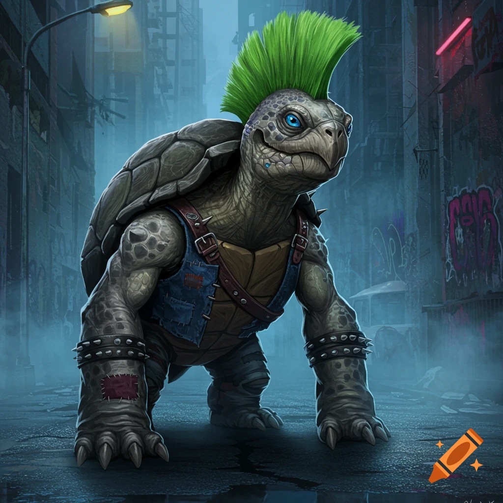A detailed rendering of a grey mutant turtle with a green mohawk, blue eyes, and punk attire, standing in a dark, graffiti-filled city alley.