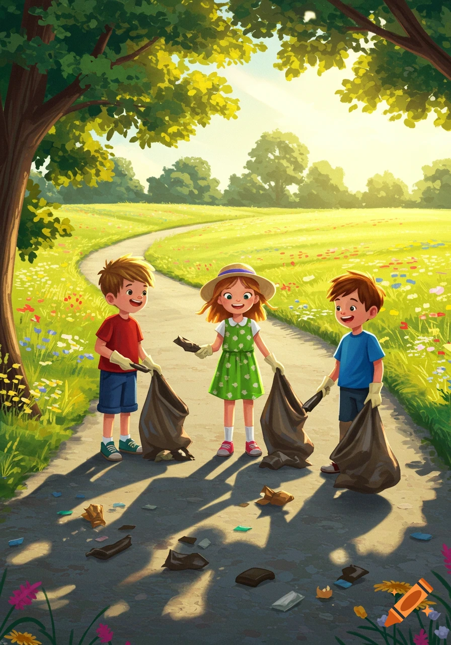Three cartoon children, two boys and one girl, wearing gloves and holding trash bags, clean up litter on a path in a sunny, green park with wildflowers.