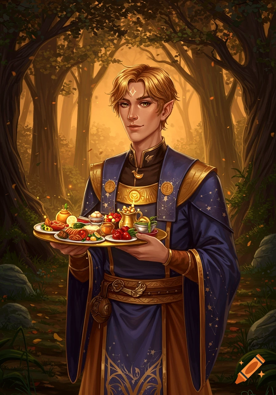 A handsome young fantasy cleric with blond hair and pointy ears, in blue and gold robes, stands in a golden forest holding a tray of food.