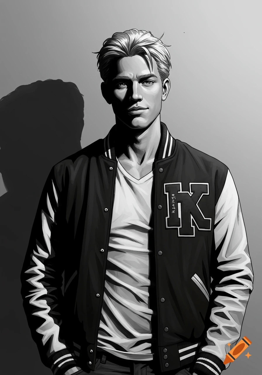 A black and white noir comic-style portrait of a blond teenager in a varsity jacket.