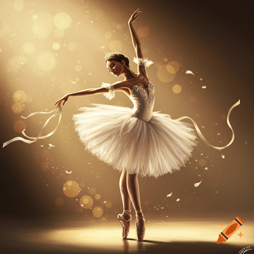 A graceful ballerina in a white tutu and pointe shoes dances under a golden spotlight with sparkling bokeh. Digital art.