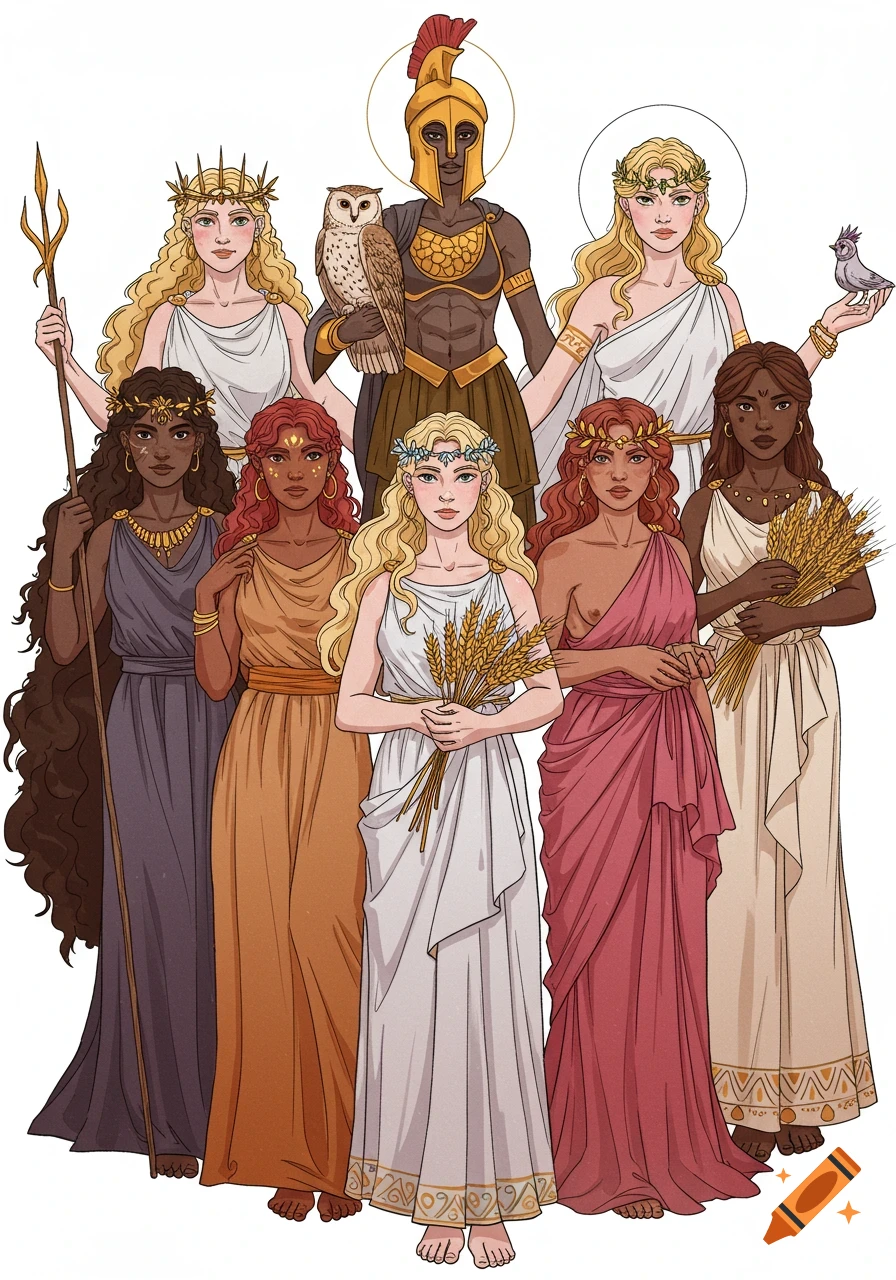 Colored drawing of seven diverse women in ancient Greek robes, depicted as goddesses, holding symbolic items like a trident, owl, and wheat.