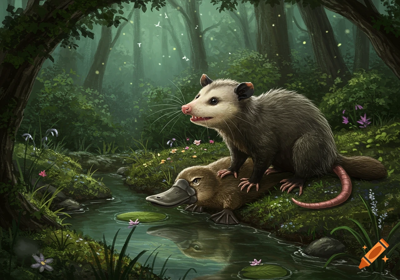 A detailed illustration of an opossum riding on the back of a platypus in a magical forest with fireflies.