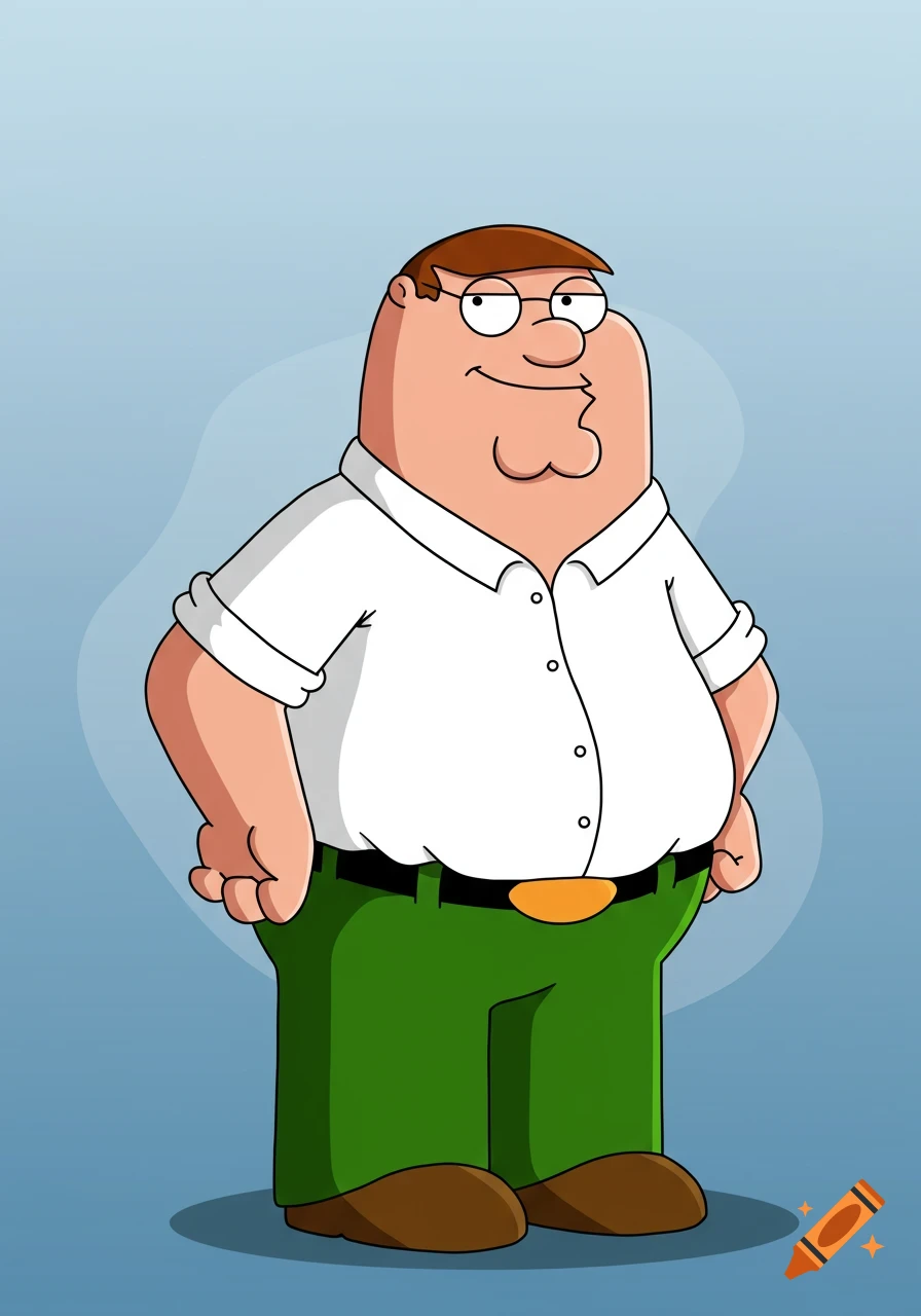 Full-body cartoon illustration of Peter Griffin from Family Guy, smiling with hands on hips against a light blue background.