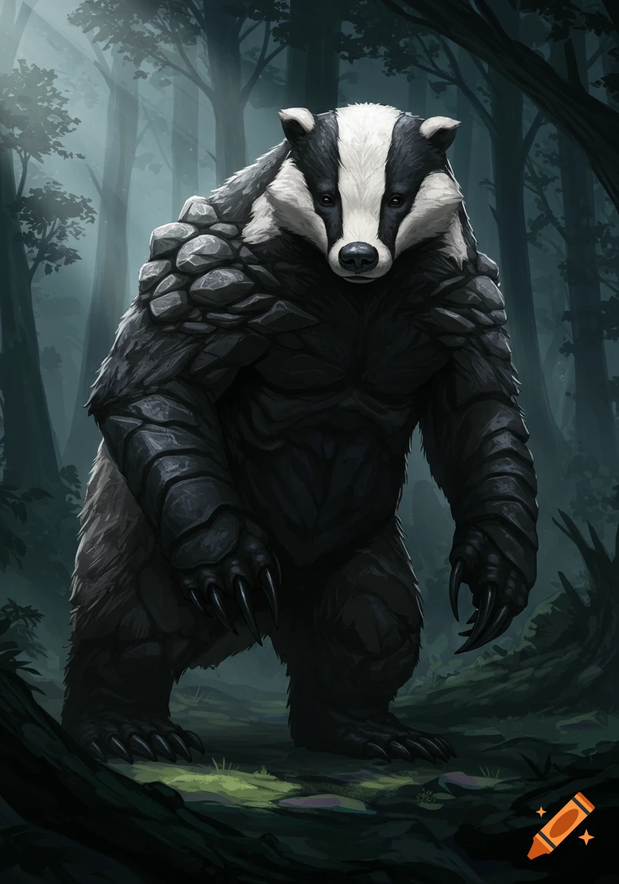 An armored badger-like fantasy creature stands in a dark, misty forest, digital illustration.