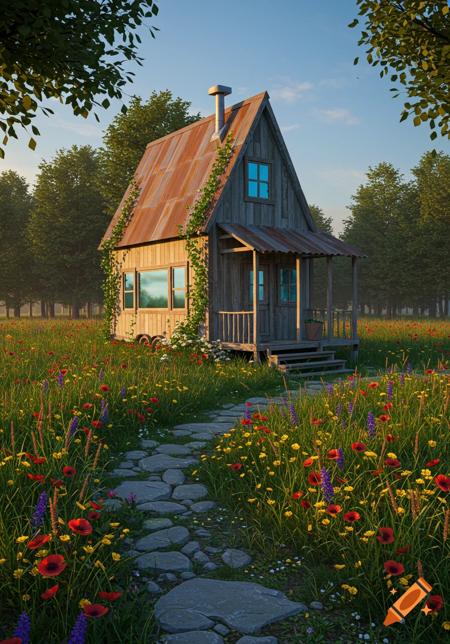 A photorealistic image of a rustic tiny house with a metal roof and porch, nestled in a vibrant wildflower meadow with a stone path.