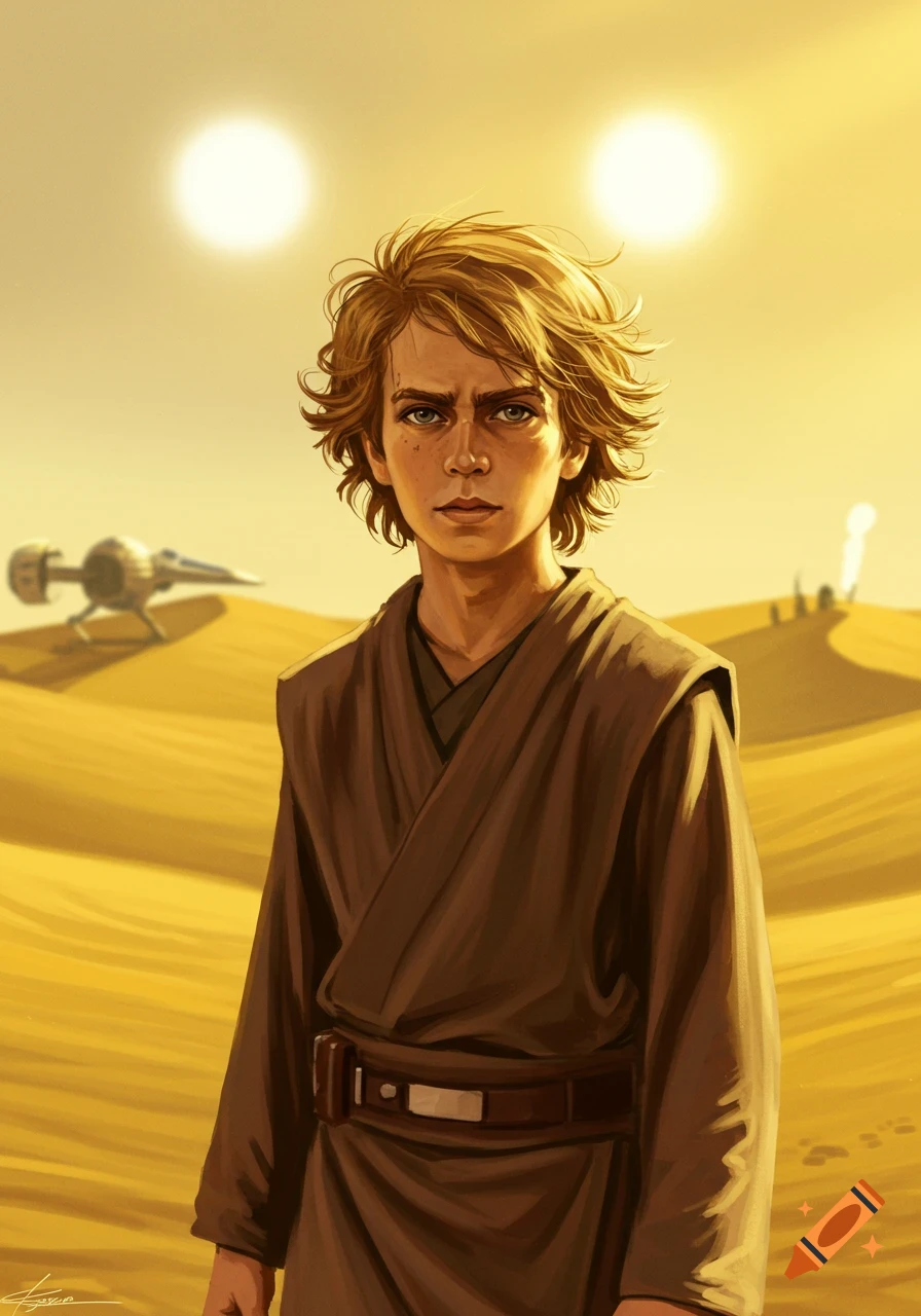 Illustration of young Anakin Skywalker in a brown robe, standing in a desert landscape under two bright suns.