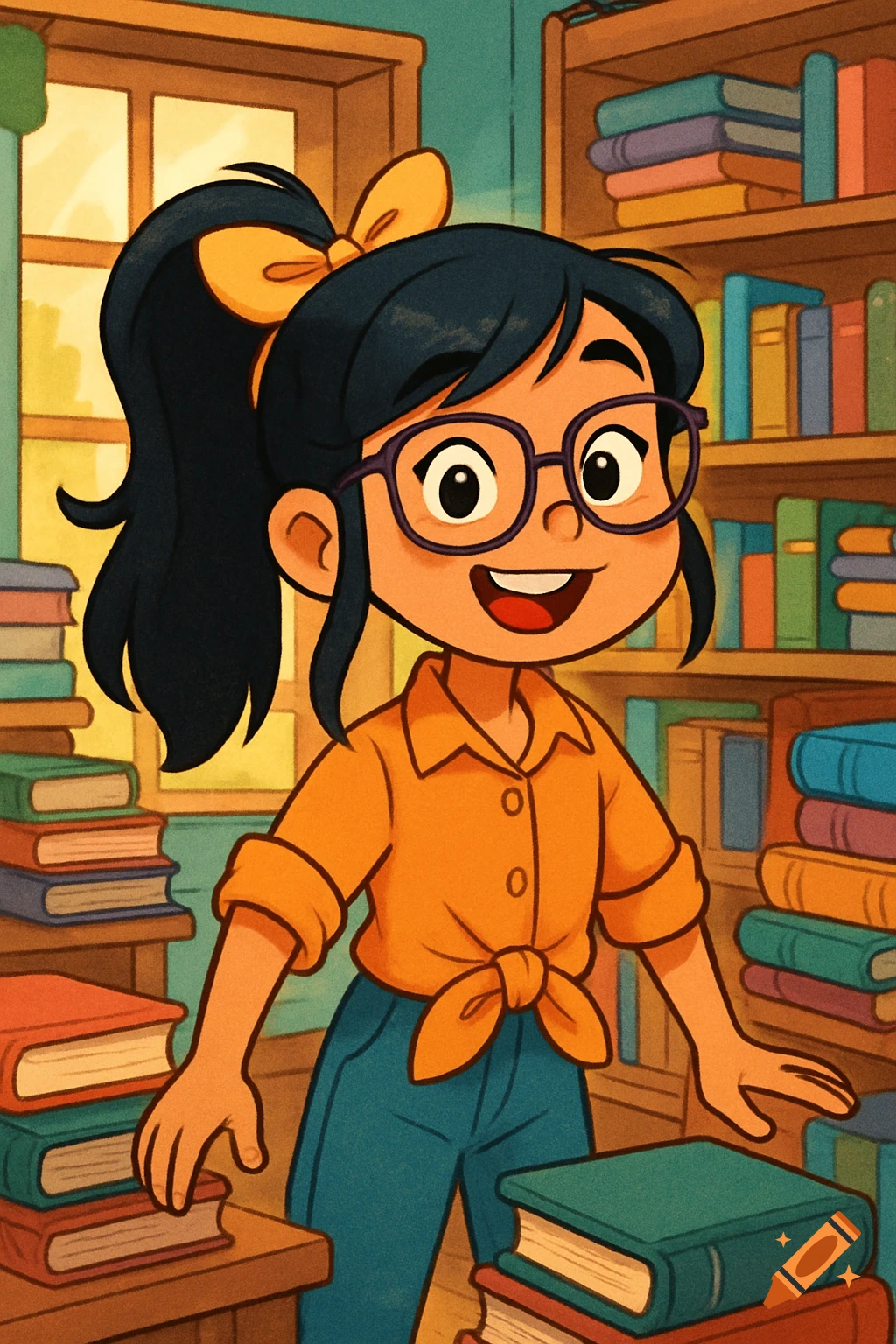 A cartoon Asian girl with glasses and a ponytail smiles in a library filled with colorful books.