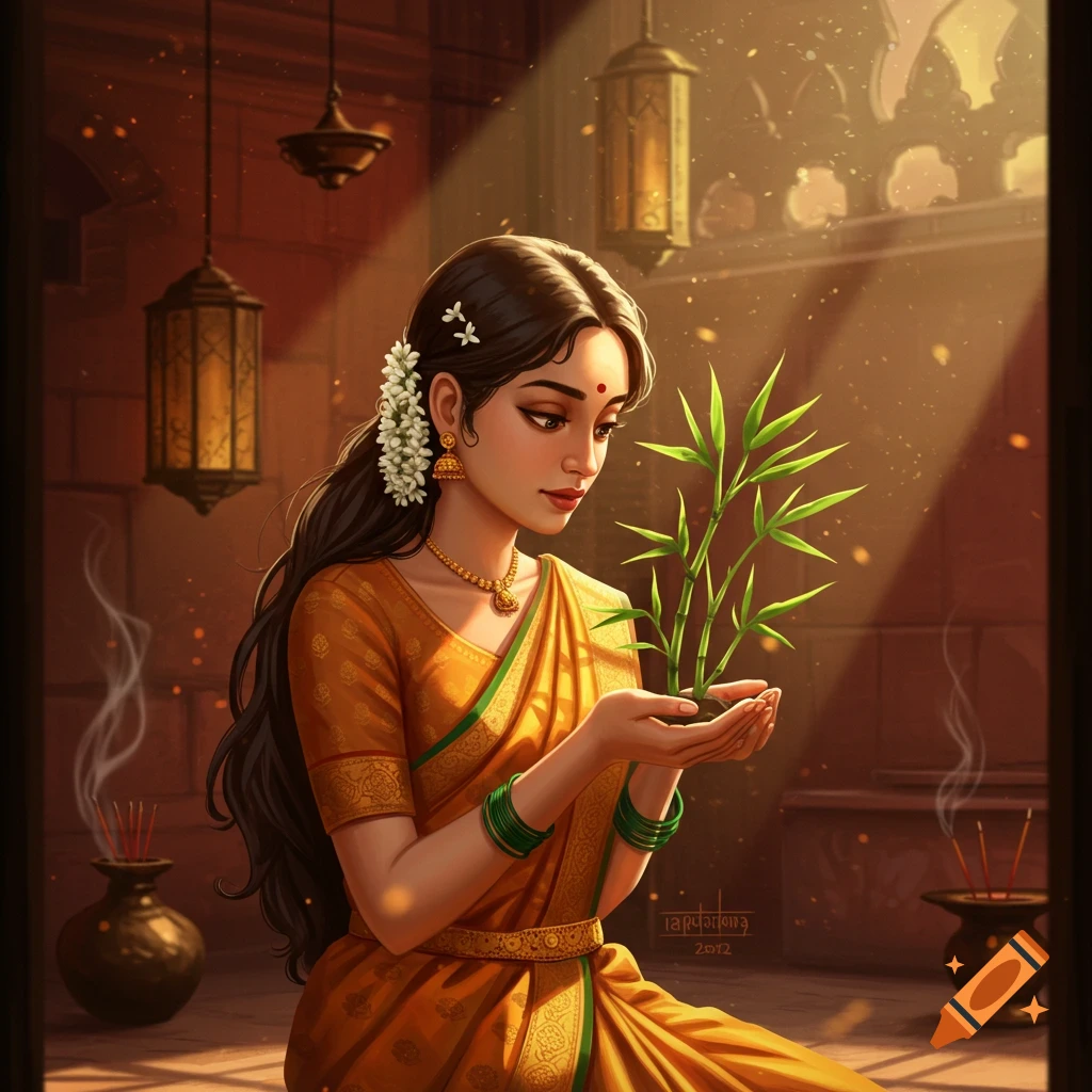A serene Indian woman in a golden sari holds a bamboo plant in sunlit traditional interior with incense smoke. Digital art.
