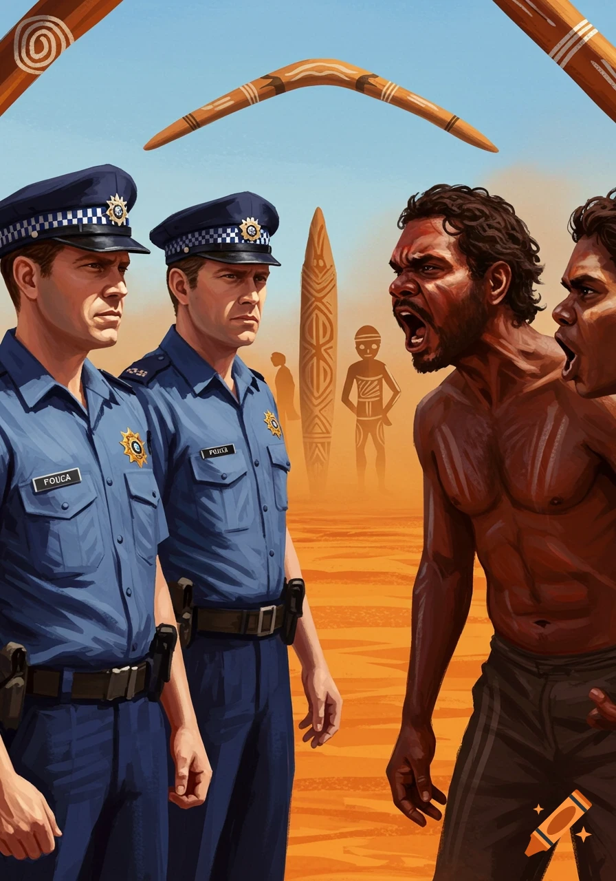 Illustration of two police officers observing an angry Indigenous man shouting in a desert landscape with cultural artifacts.