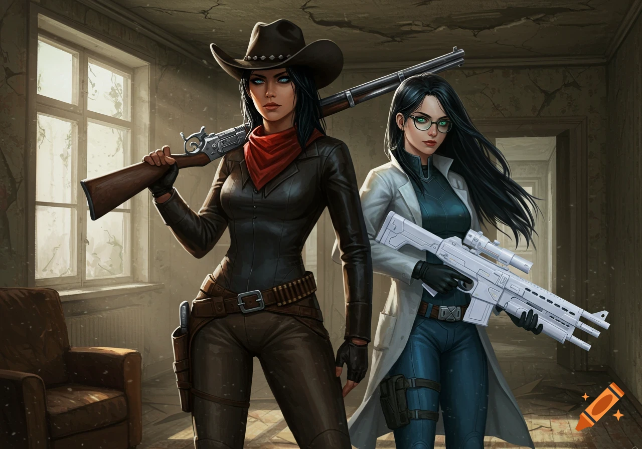 Two armed women, one a cowgirl with a lever-action rifle and the other a scientist with a laser rifle, stand in a derelict apartment.