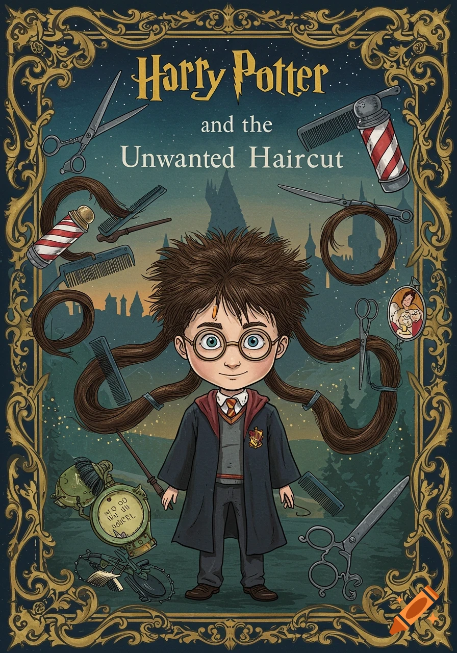 Cartoon book cover of Harry Potter with messy hair, surrounded by haircutting tools, against a Hogwarts silhouette background.