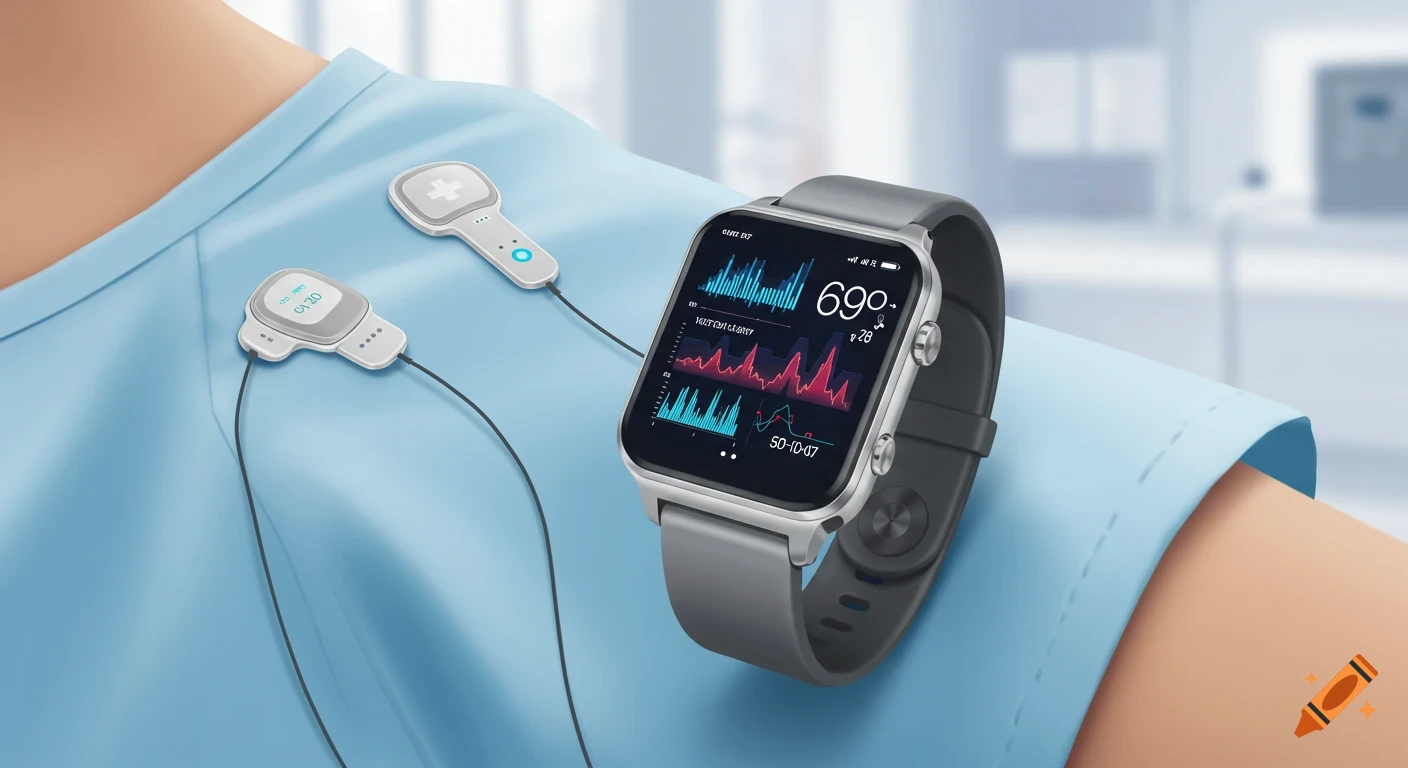 Stylized illustration of medical sensors and a smartwatch on a person's arm, displaying health data.