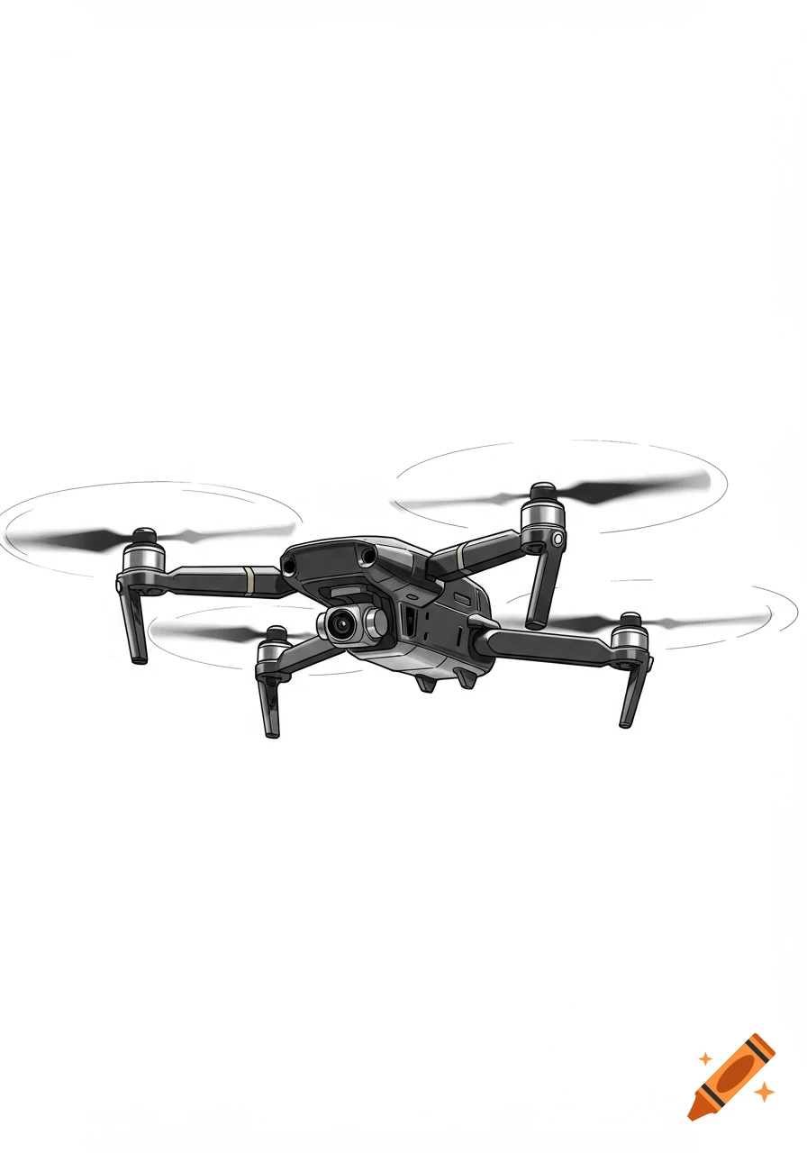 Illustration of a gray drone with spinning propellers, seen from a low angle on a pure white background.