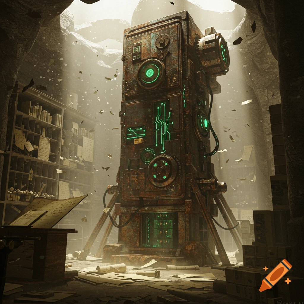 A large, rusty, old machine with glowing green circuits stands in a dusty, abandoned cave with flying papers.