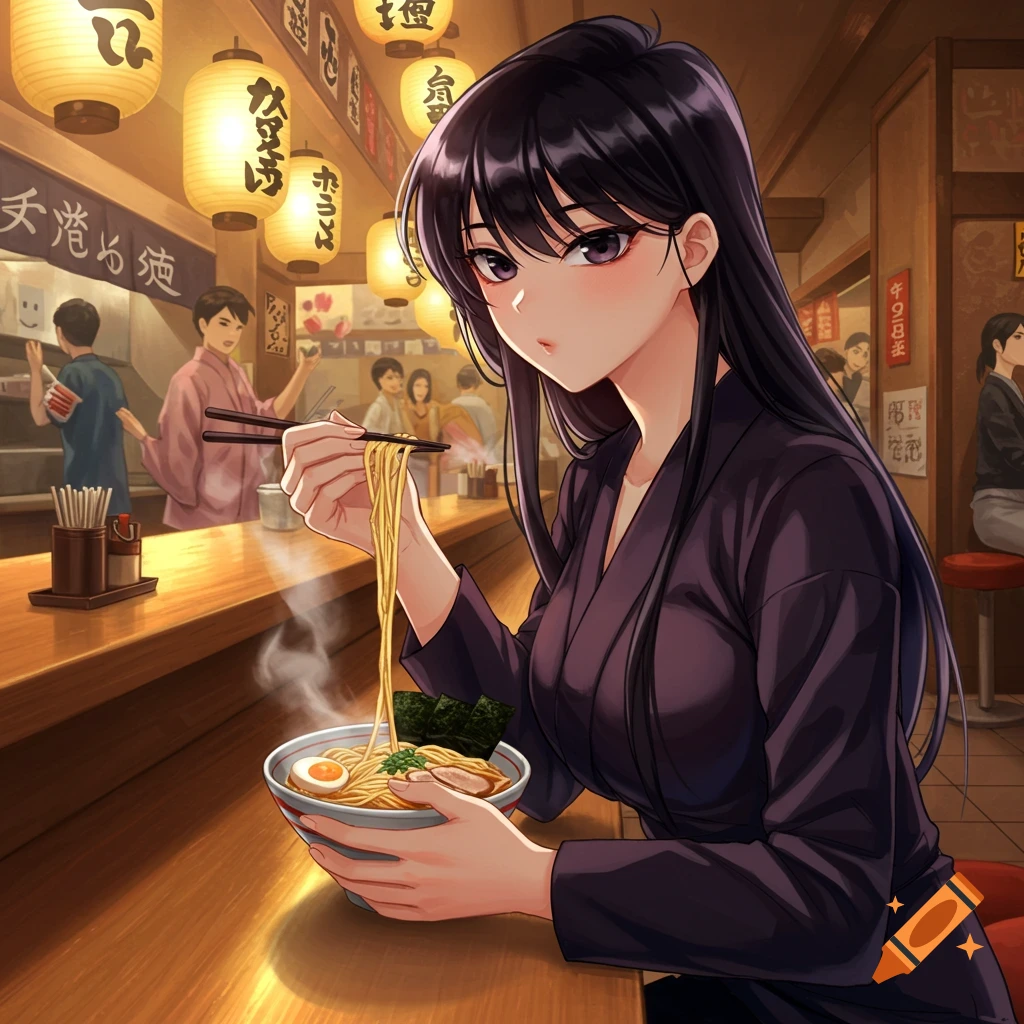 An anime girl with long dark hair sits at a ramen bar, lifting noodles with chopsticks from a steaming bowl.