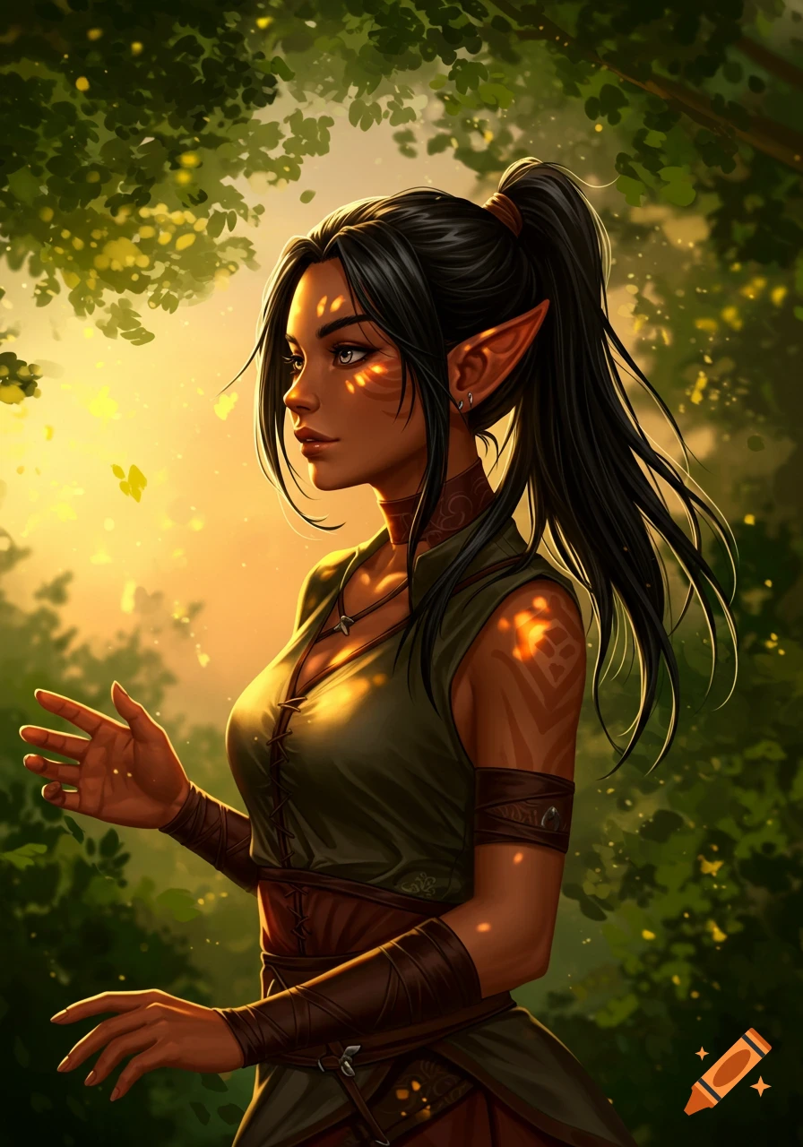 Digital painting of a tan-skinned female elf with a black ponytail, tribal markings, and pointed ears, standing in a sunlit forest.