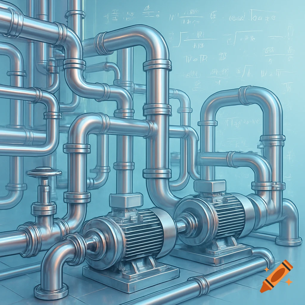 A futuristic industrial piping system with pumps on a pastel blue background, with faint mathematical formulas in the background.