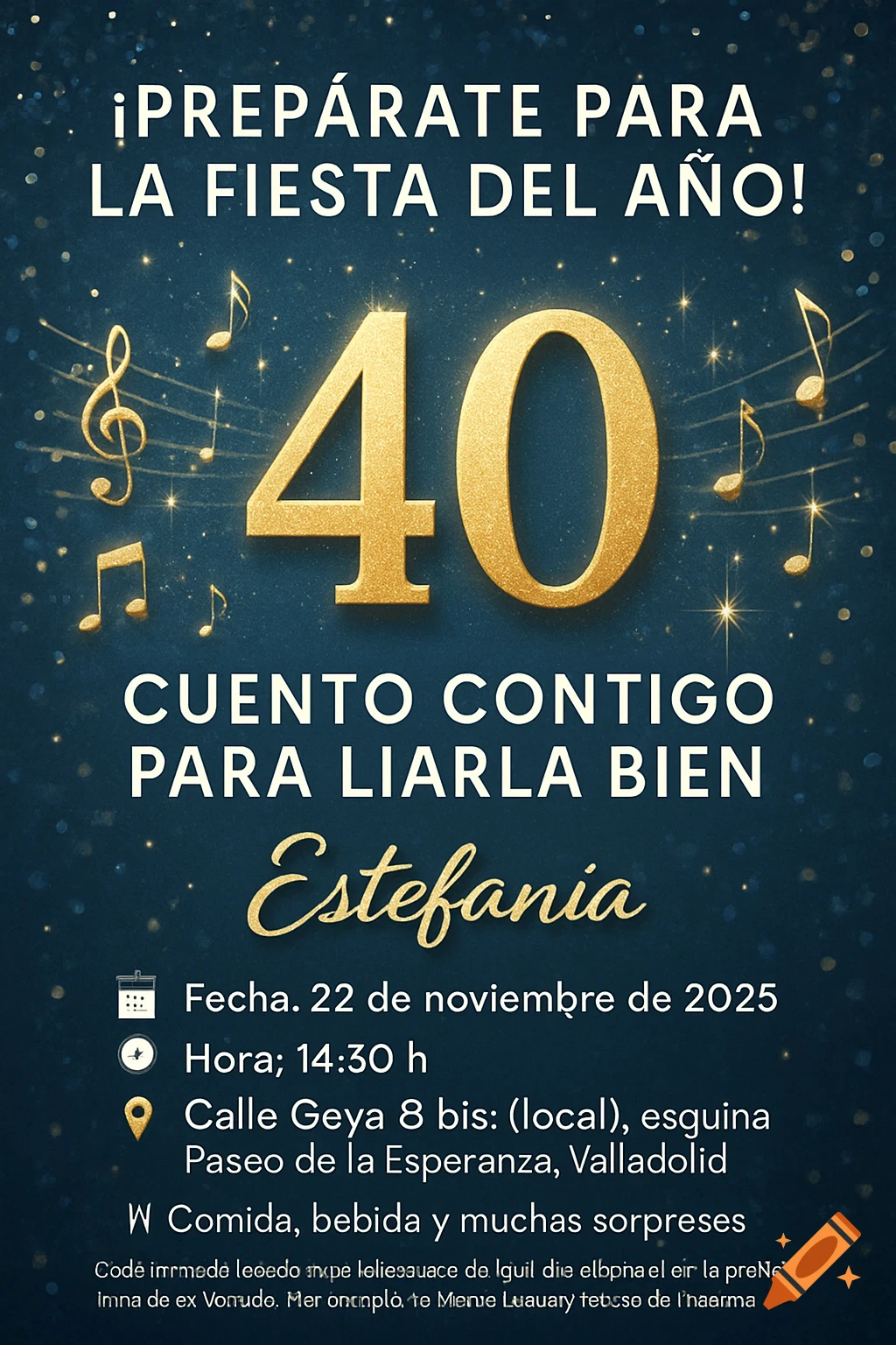 A festive 40th birthday invitation card with golden numbers and musical notes on a dark blue background with glitter.